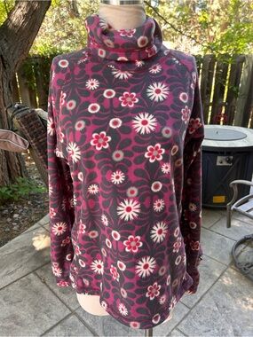 Vintage Athleta pink floral polartec fleece turtleneck sweater Size large